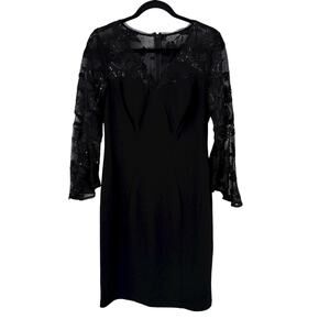 Alex Evenings V-Neck Sheath Illusion Neckline Bell Sleeves dress black size 8